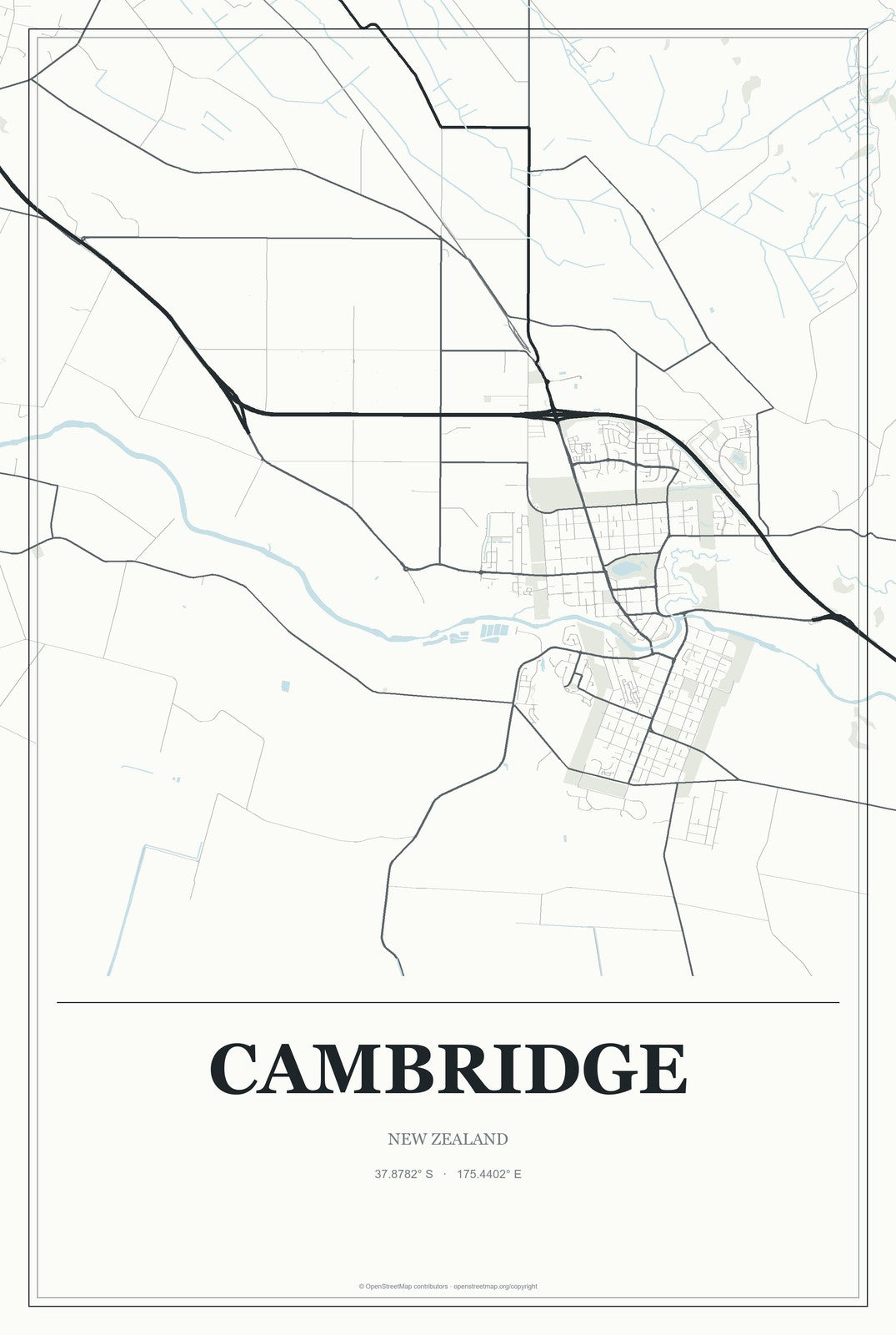 Cambridge, New Zealand City Map Aluminum Sign in Gallery Air style