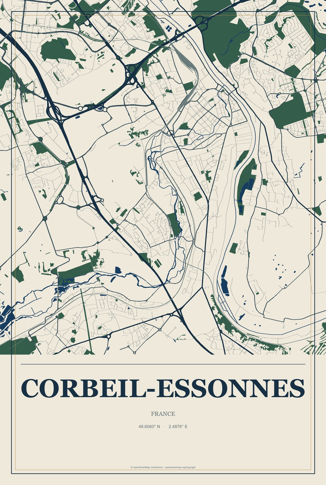 Corbeil-Essonnes, France City Map Aluminum Sign in Coastal Cutout style
