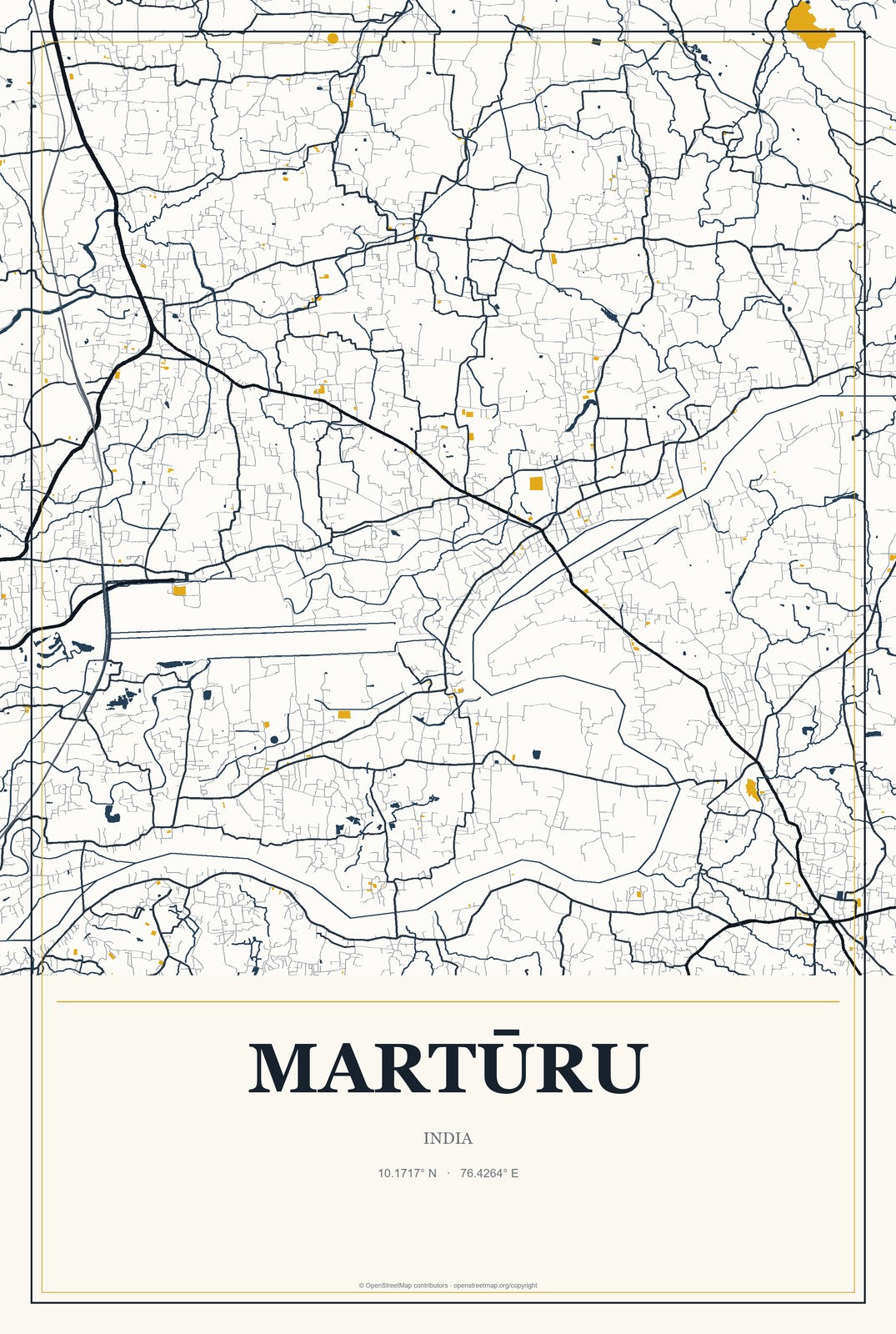 Martūru, India City Map Aluminum Sign in Citrine Modern style