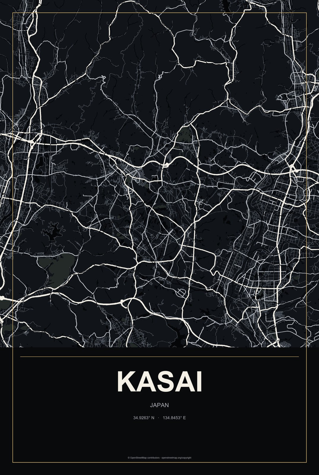 Kasai, Japan City Map Aluminum Sign in Metropolitan Noir style