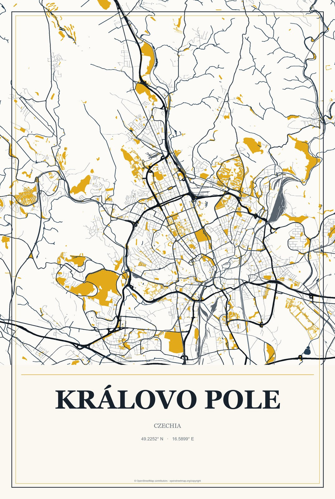 Královo Pole, Czechia City Map Aluminum Sign in Citrine Modern style