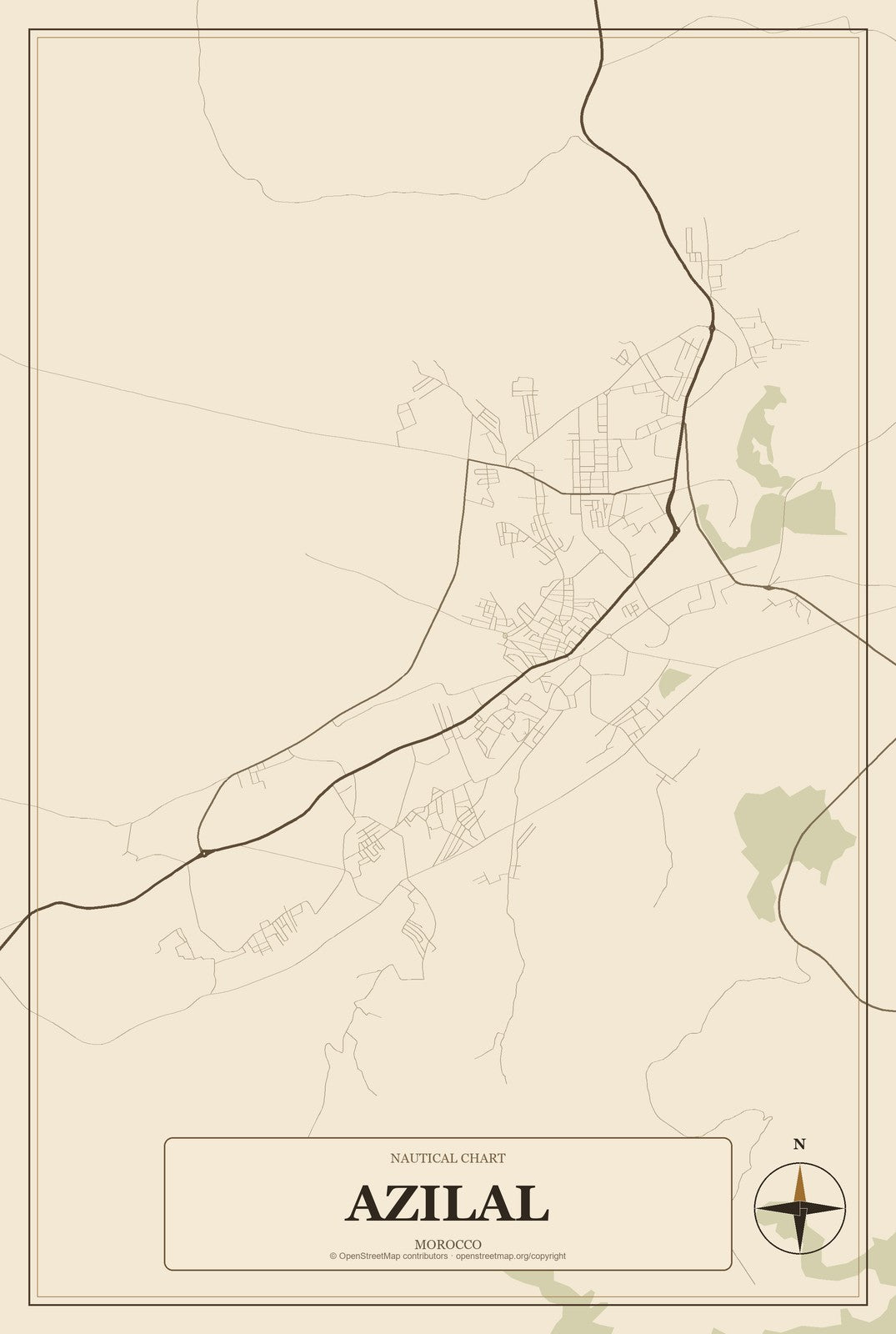 Azilal, Morocco City Map Aluminum Sign in Heritage Nautical style