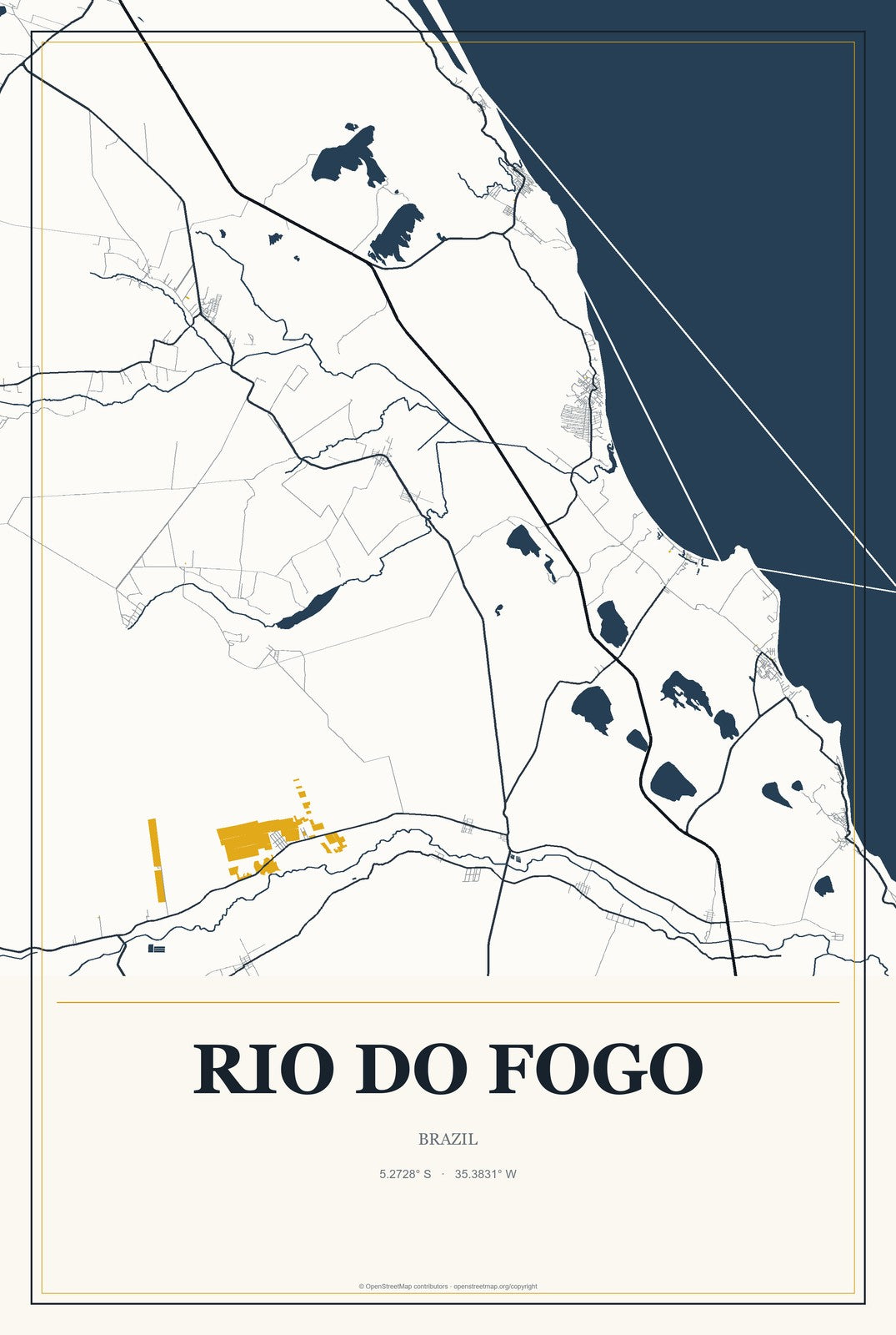 Rio do Fogo, Brazil City Map Aluminum Sign in Citrine Modern style