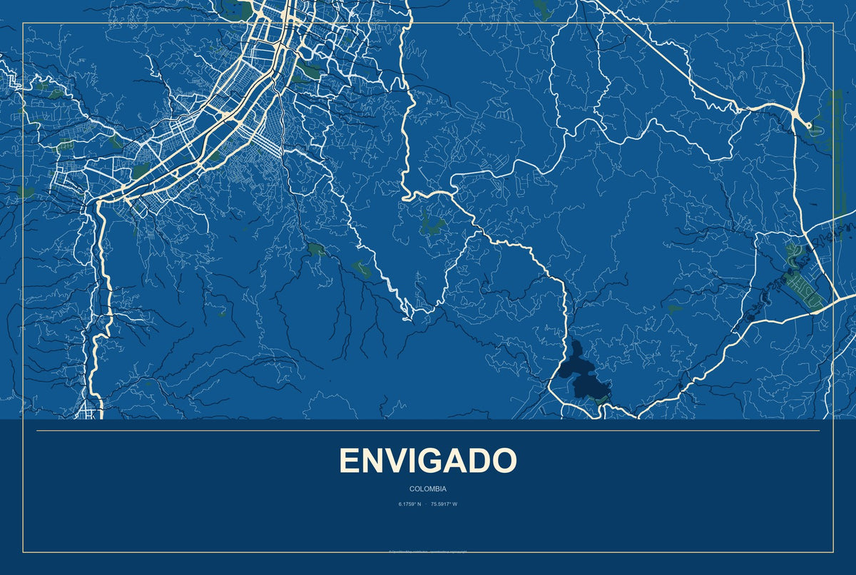 Envigado, Colombia City Map Aluminum Sign in Harbor Cobalt style
