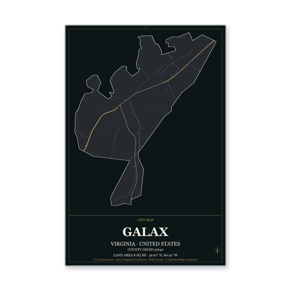 Galax city, Virginia Map Aluminum Sign in Metropolitan Noir style