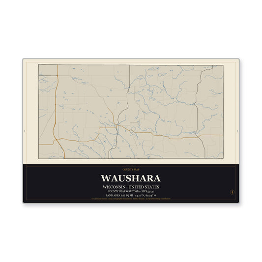 Waushara County, Wisconsin Map Aluminum Sign in Museum Plaque style
