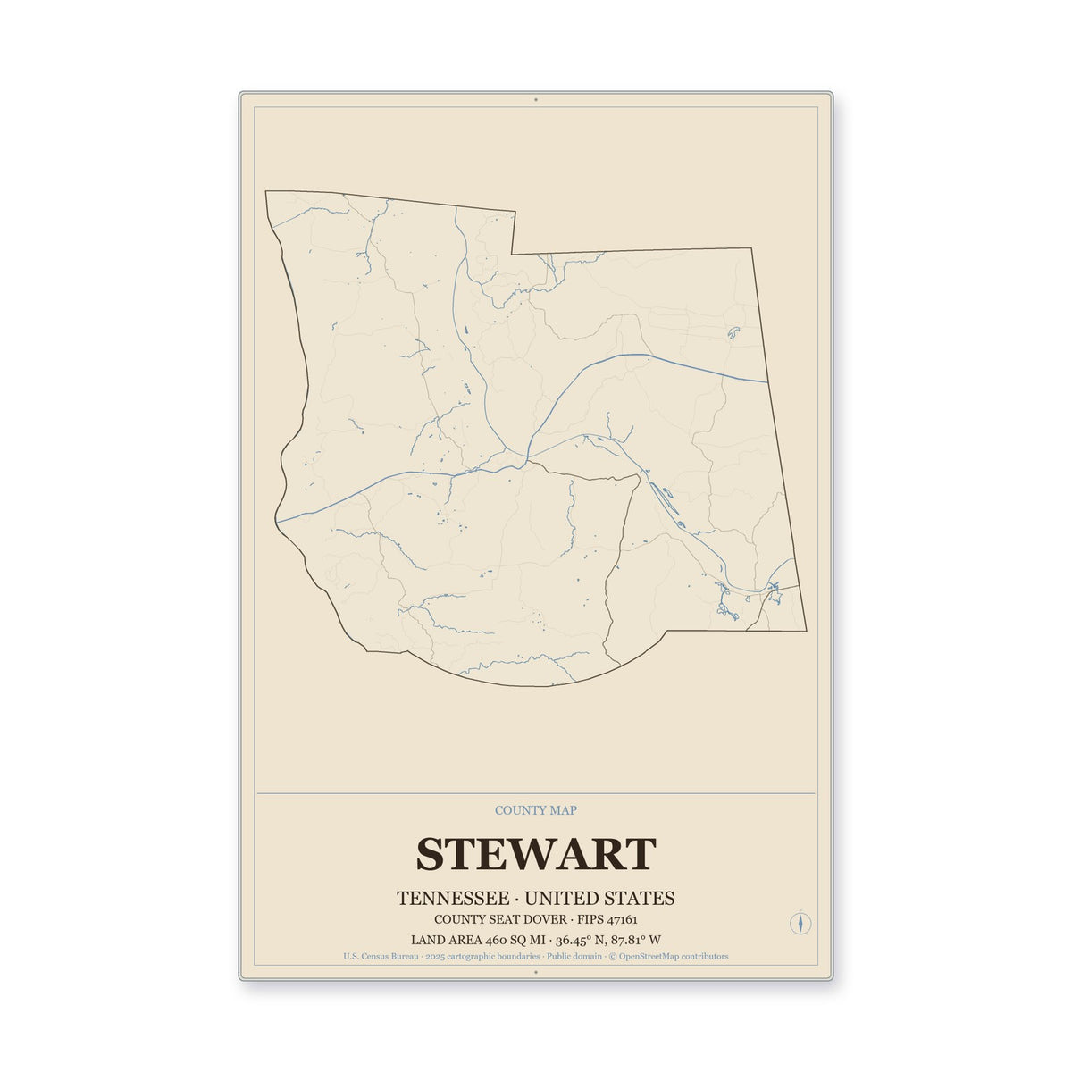 Stewart County, Tennessee Map Aluminum Sign in Heritage Nautical style