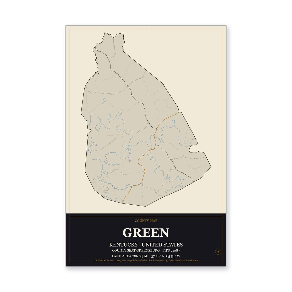 Green County, Kentucky Map Aluminum Sign in Museum Plaque style