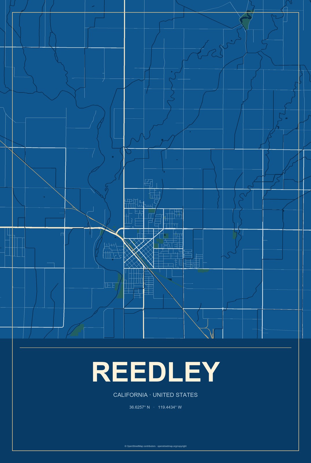 Reedley, California City Map Aluminum Sign in Harbor Cobalt style