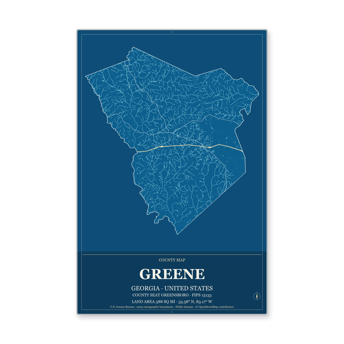 Greene County, Georgia Map Aluminum Sign in Harbor Cobalt style