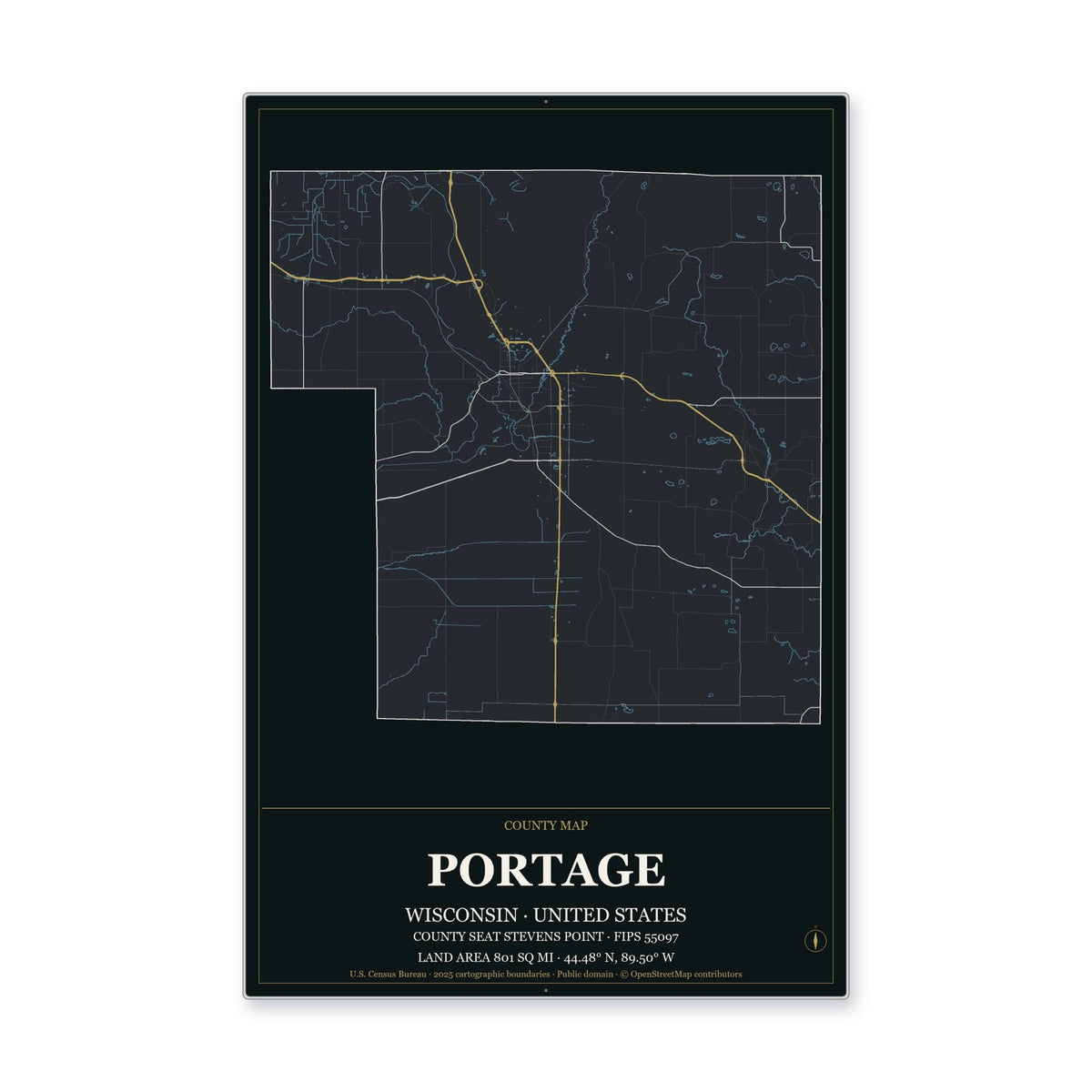 Portage County, Wisconsin Map Aluminum Sign in Metropolitan Noir style