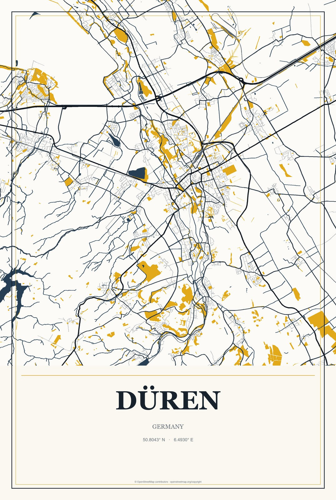 Düren, Germany City Map Aluminum Sign in Citrine Modern style