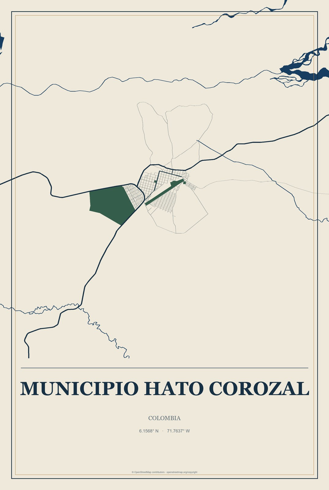 Municipio Hato Corozal, Colombia City Map Aluminum Sign in Coastal Cutout style