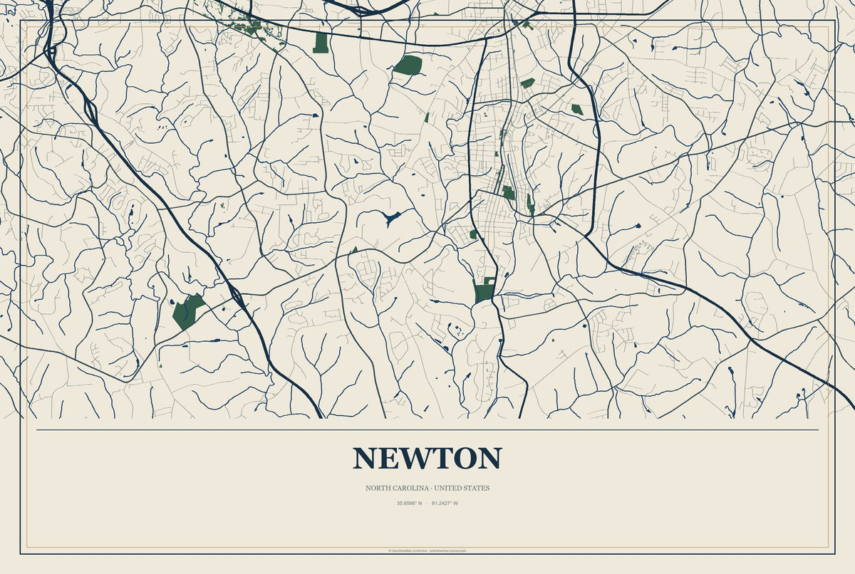 Newton, North Carolina City Map Aluminum Sign in Coastal Cutout style