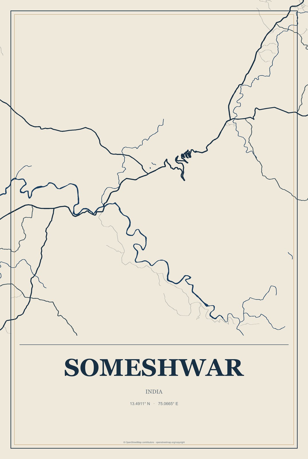 Someshwar, India City Map Aluminum Sign in Coastal Cutout style