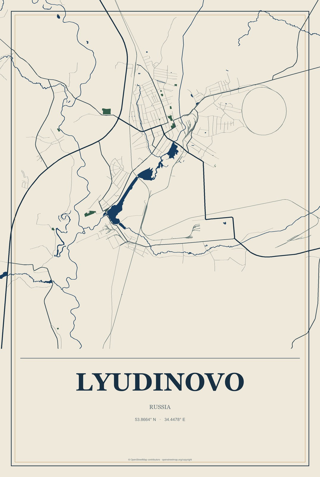 Lyudinovo, Russia City Map Aluminum Sign in Coastal Cutout style