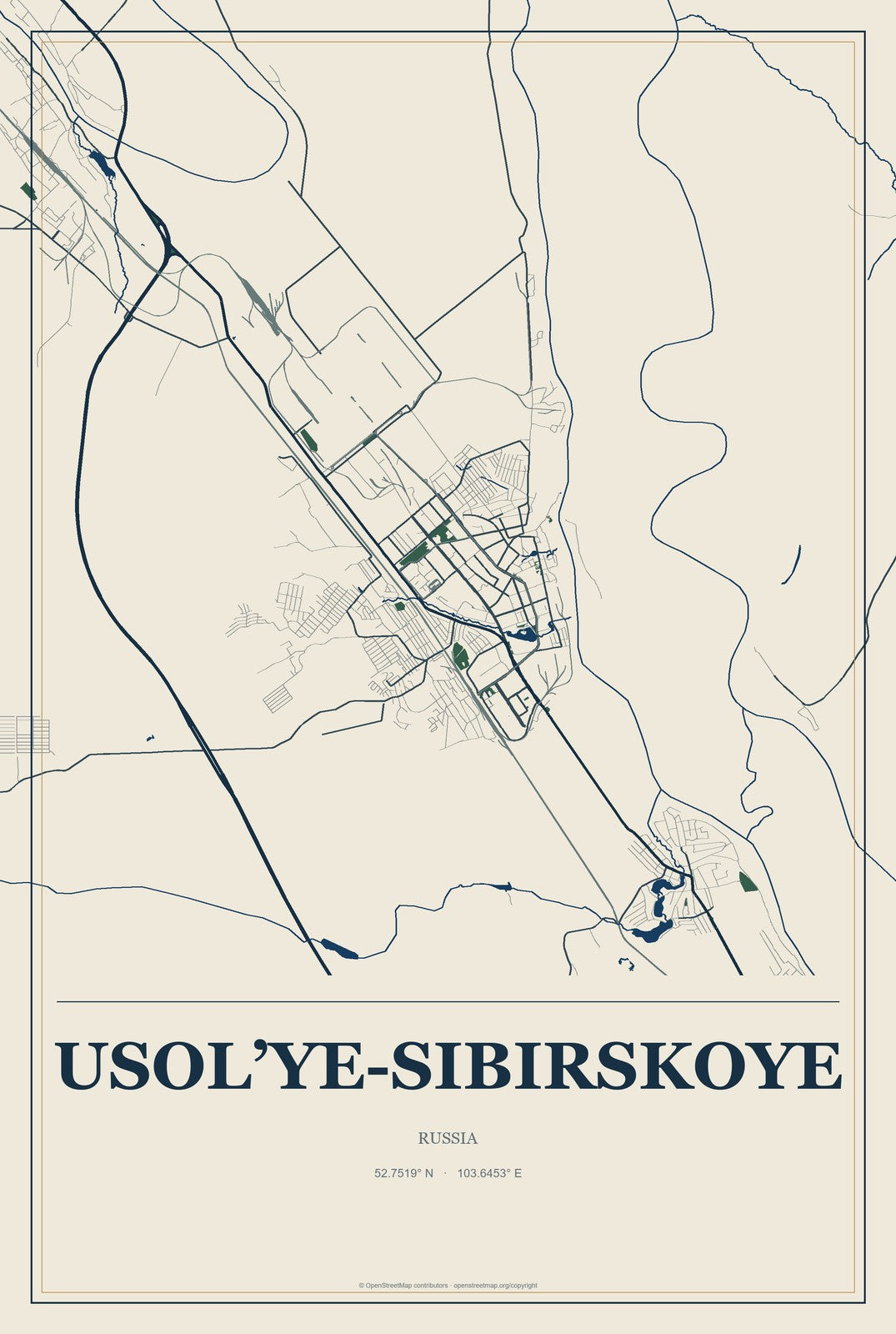 Usol’ye-Sibirskoye, Russia City Map Aluminum Sign in Coastal Cutout style