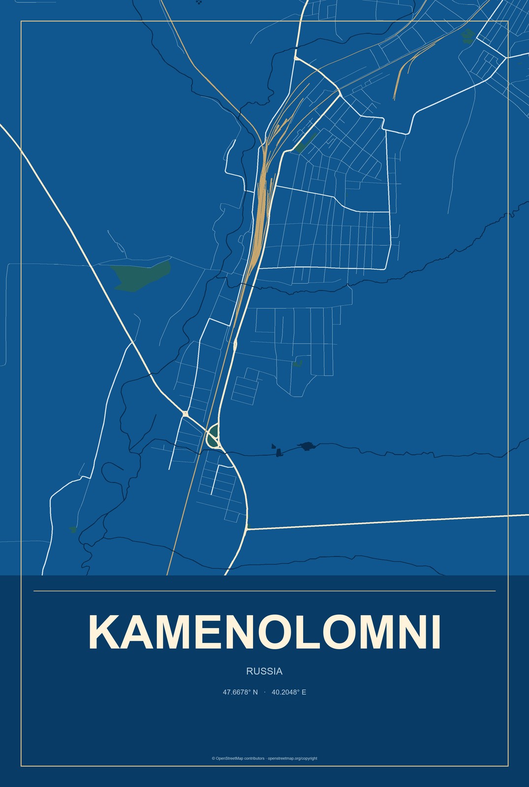 Kamenolomni, Russia City Map Aluminum Sign in Harbor Cobalt style