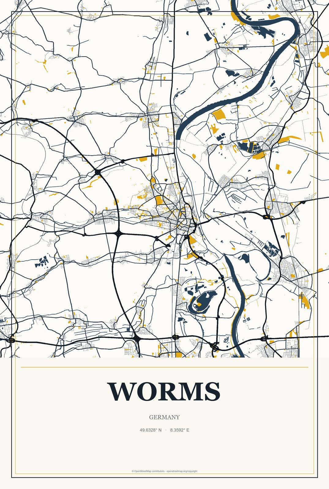 Worms, Germany City Map Aluminum Sign in Citrine Modern style