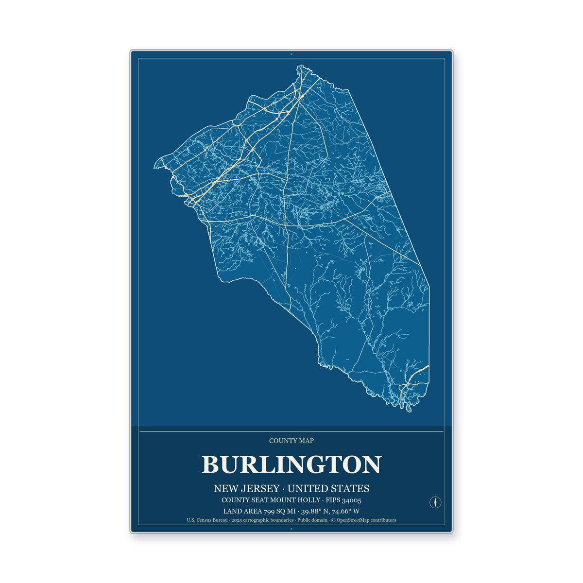 Burlington County, New Jersey Map Aluminum Sign in Harbor Cobalt style