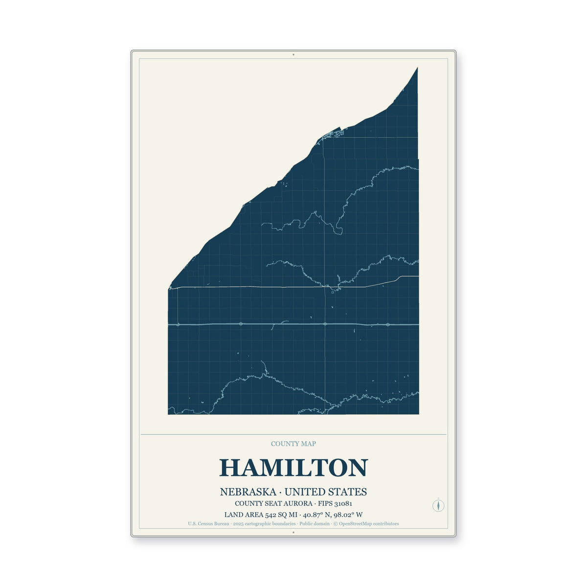 Hamilton County, Nebraska Map Aluminum Sign in Coastal Cutout style