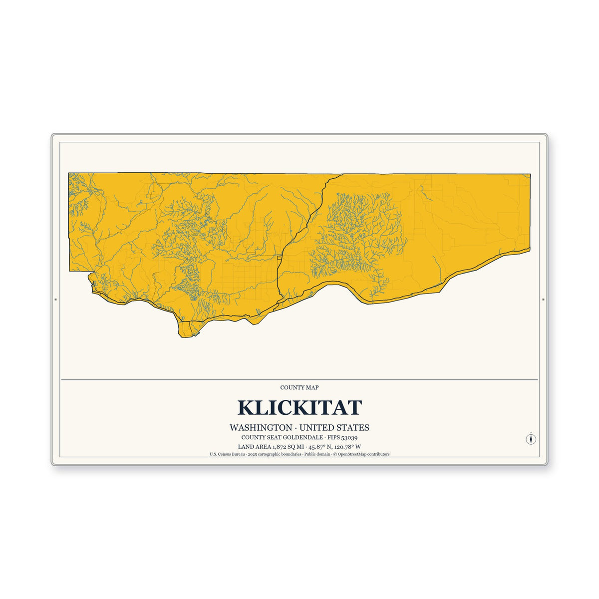 Klickitat County, Washington Map Aluminum Sign in Citrine Modern style