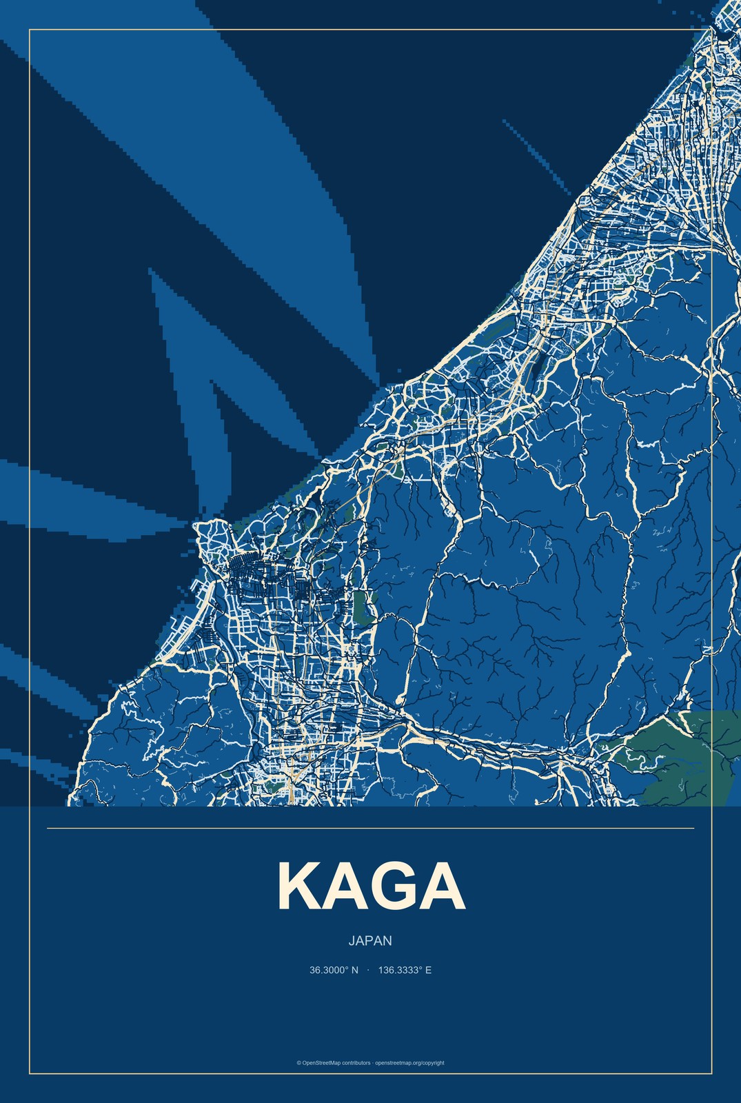 Kaga, Japan City Map Aluminum Sign in Harbor Cobalt style