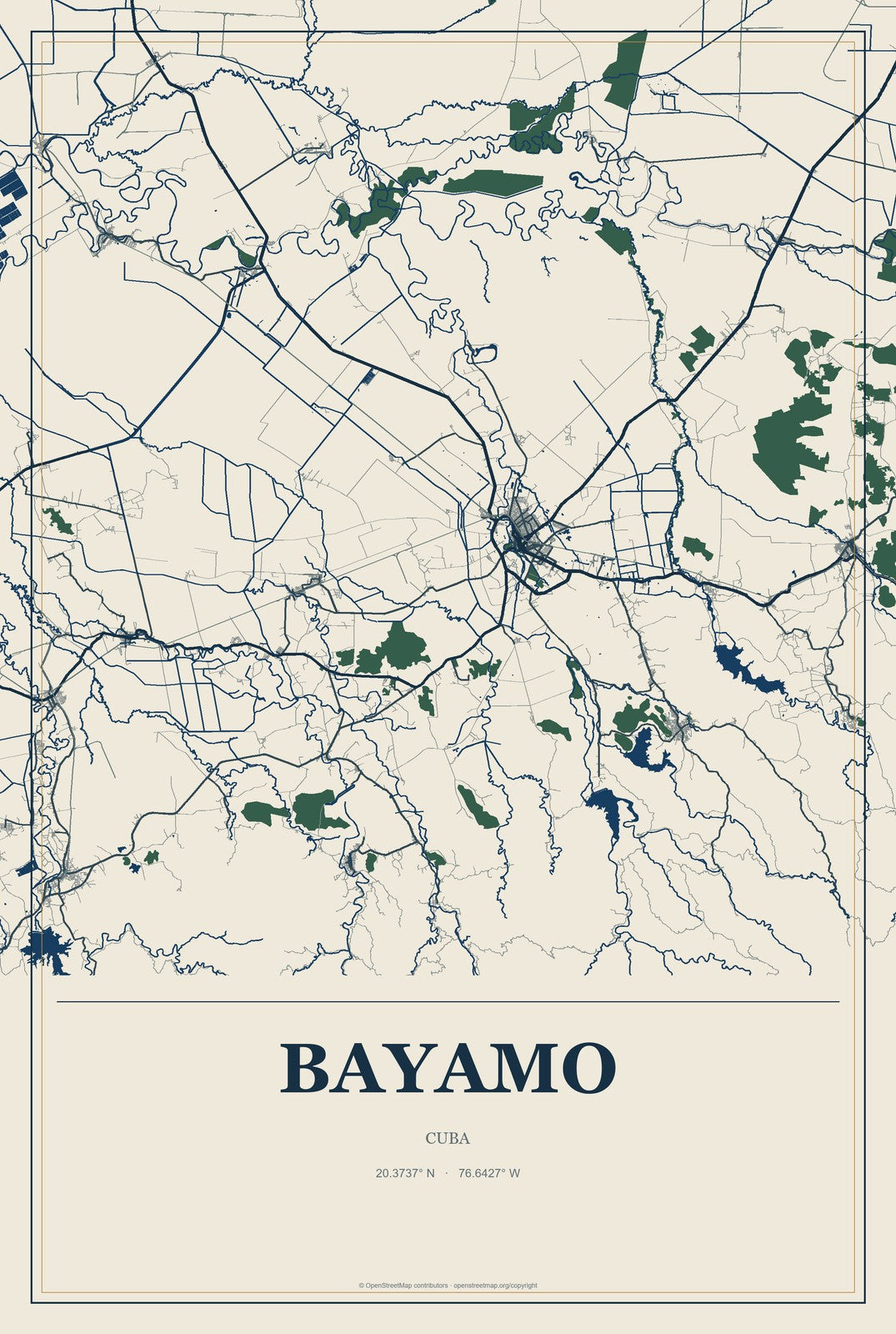 Bayamo, Cuba City Map Aluminum Sign in Coastal Cutout style