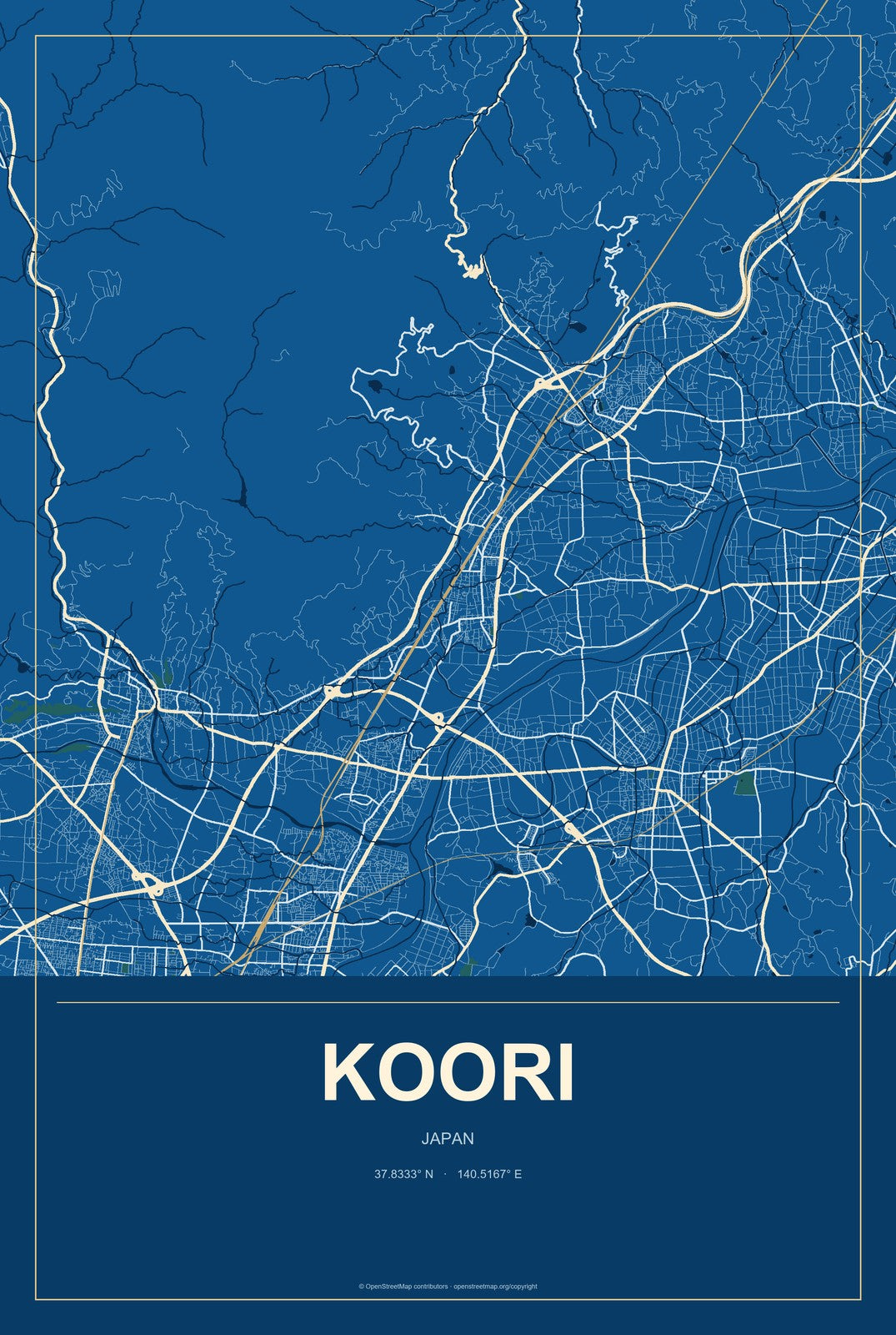 Koori, Japan City Map Aluminum Sign in Harbor Cobalt style