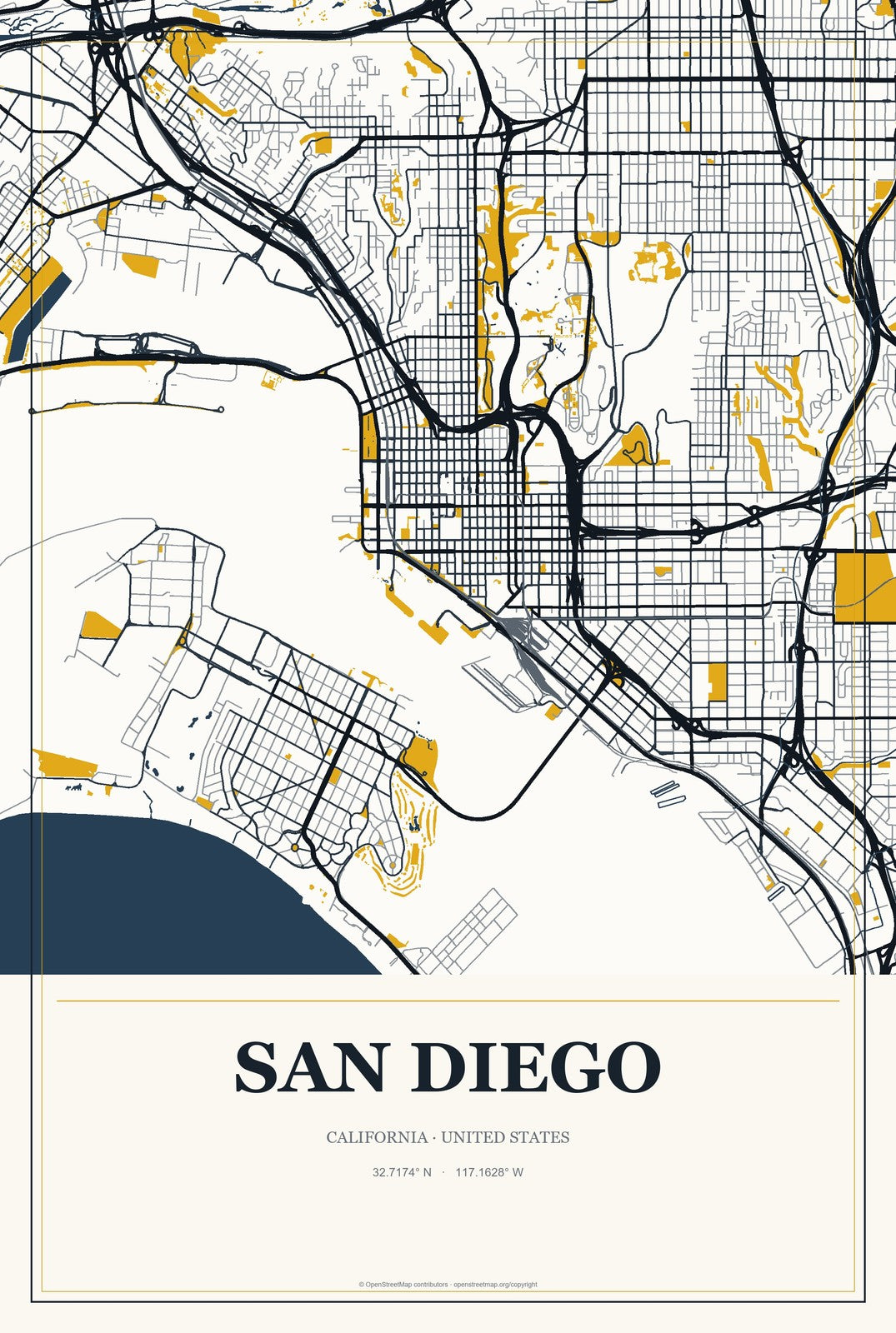 San Diego, California City Map Aluminum Sign in Citrine Modern style