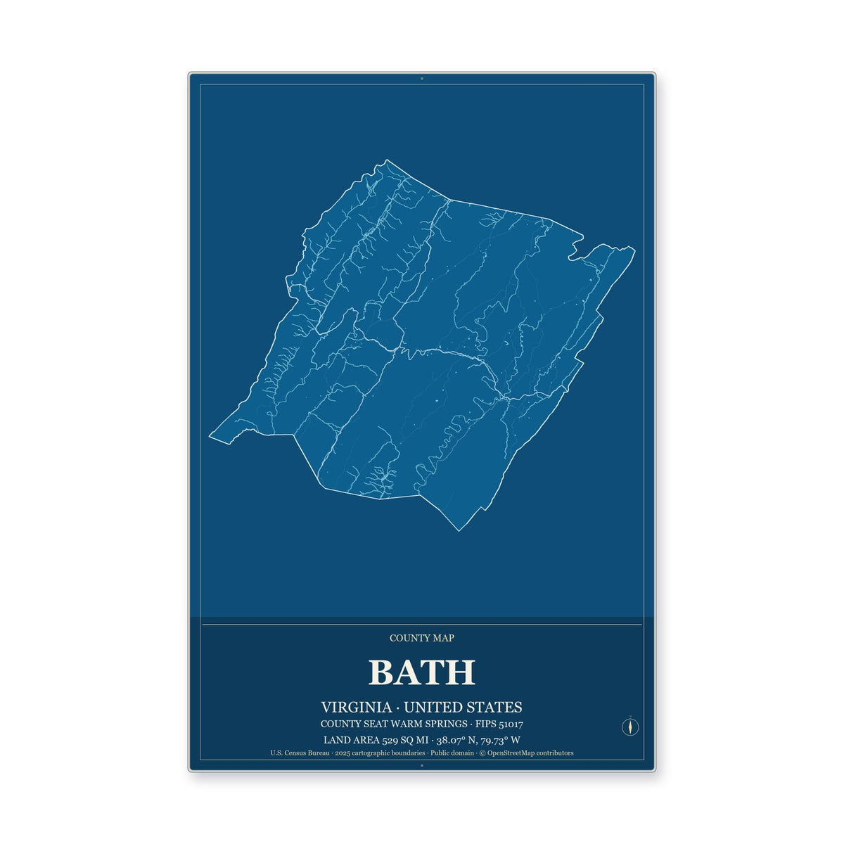 Bath County, Virginia Map Aluminum Sign in Harbor Cobalt style