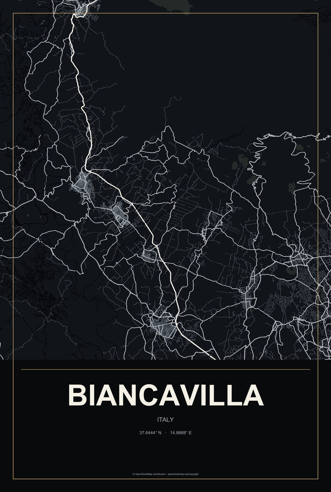 Biancavilla, Italy City Map Aluminum Sign in Metropolitan Noir style