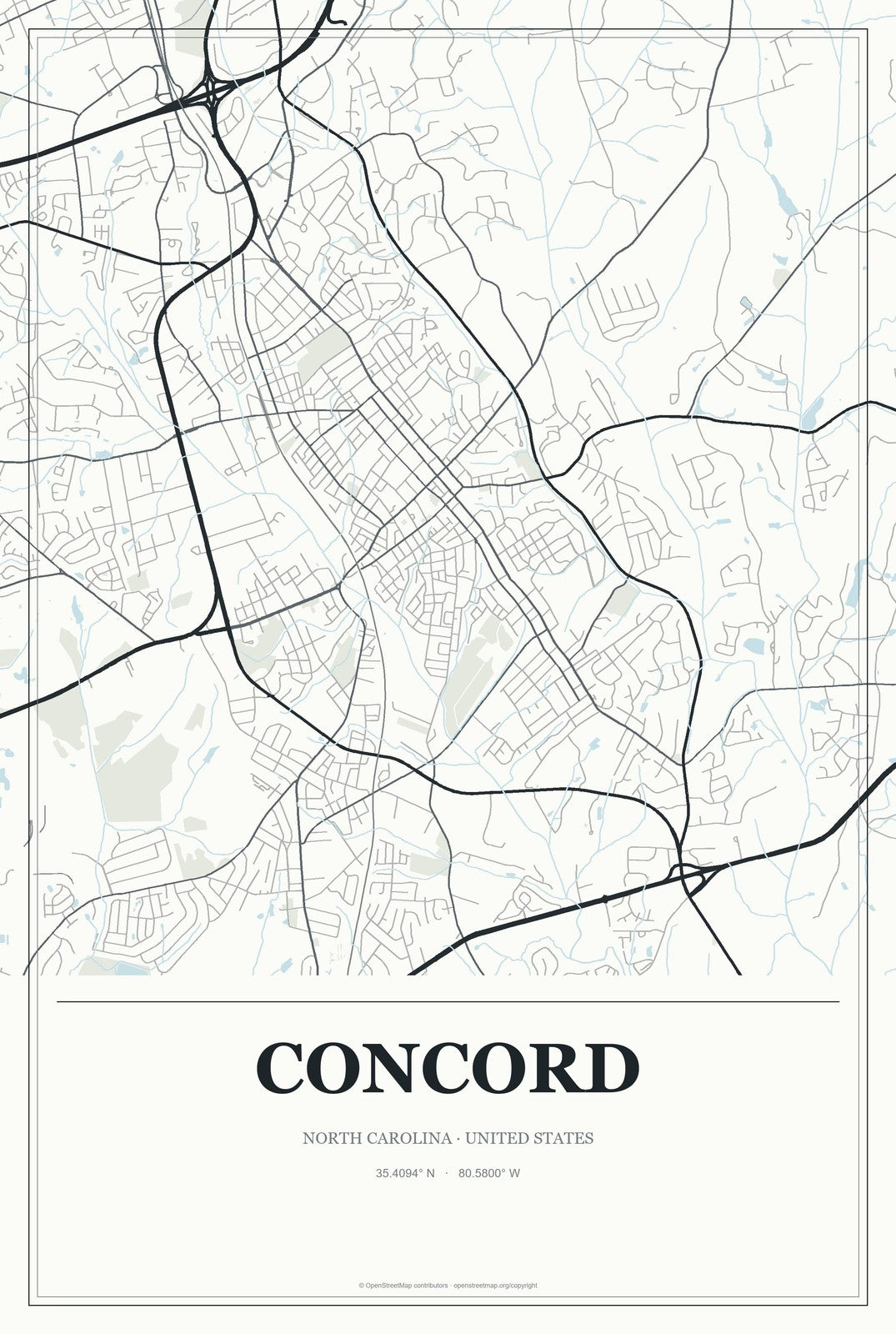 Concord, North Carolina City Map Aluminum Sign in Gallery Air style