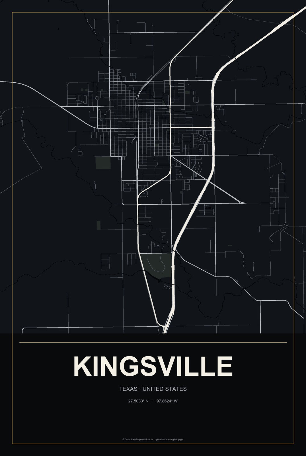 Kingsville, Texas City Map Aluminum Sign in Metropolitan Noir style