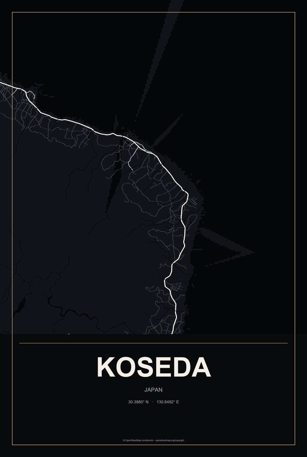 Koseda, Japan City Map Aluminum Sign in Metropolitan Noir style
