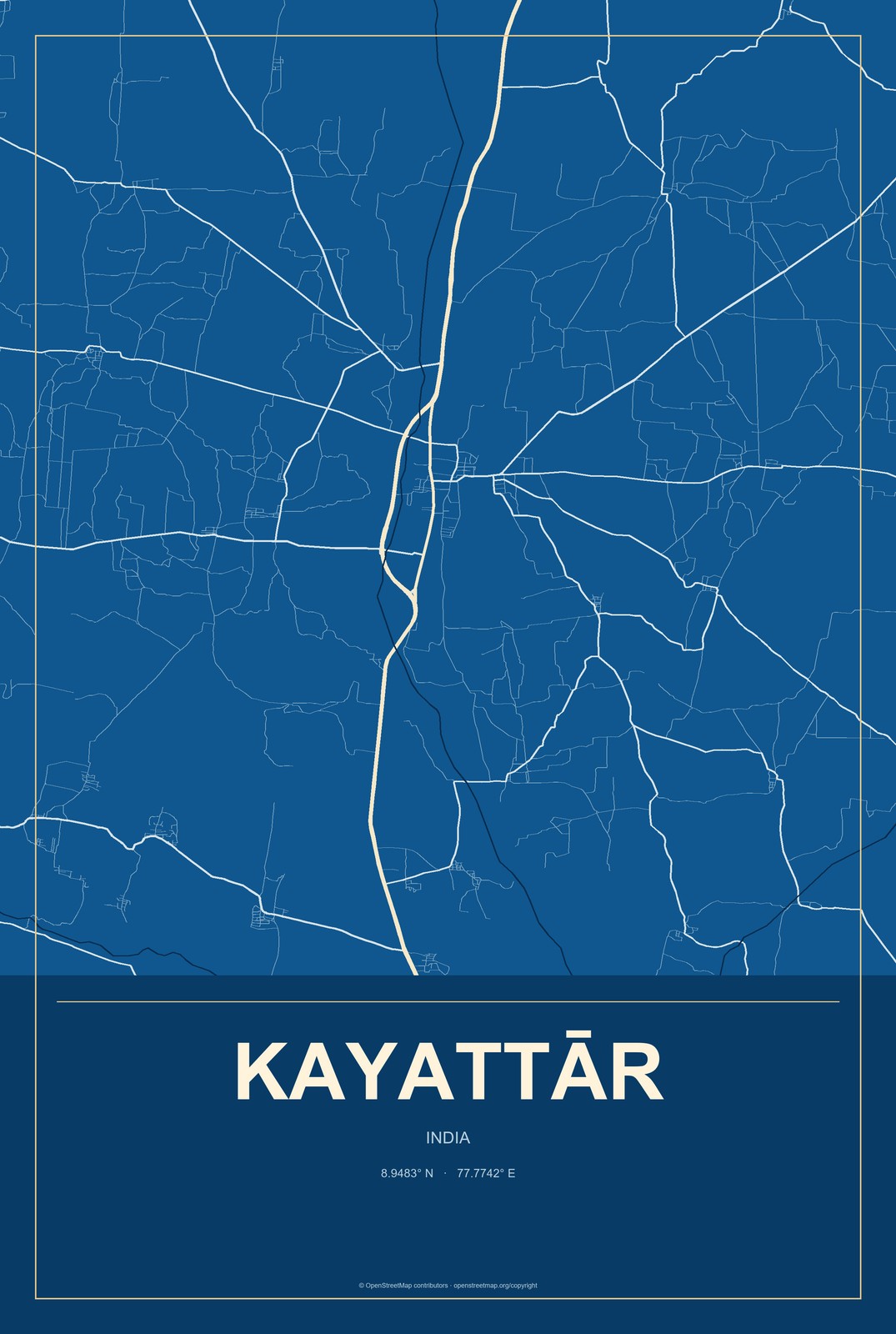 Kayattār, India City Map Aluminum Sign in Harbor Cobalt style