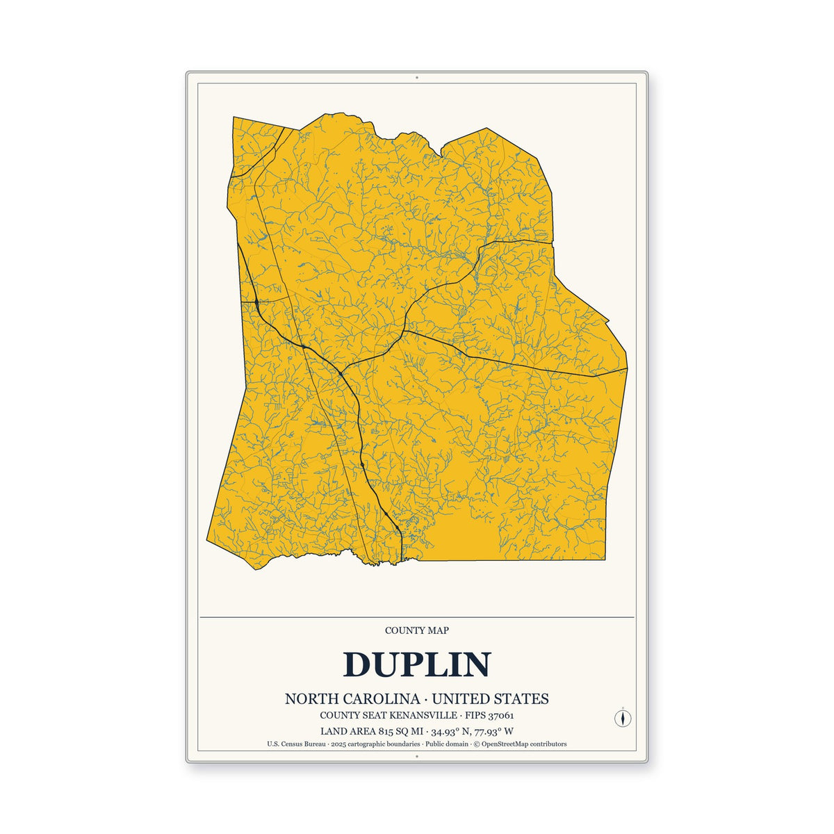 Duplin County, North Carolina Map Aluminum Sign in Citrine Modern style