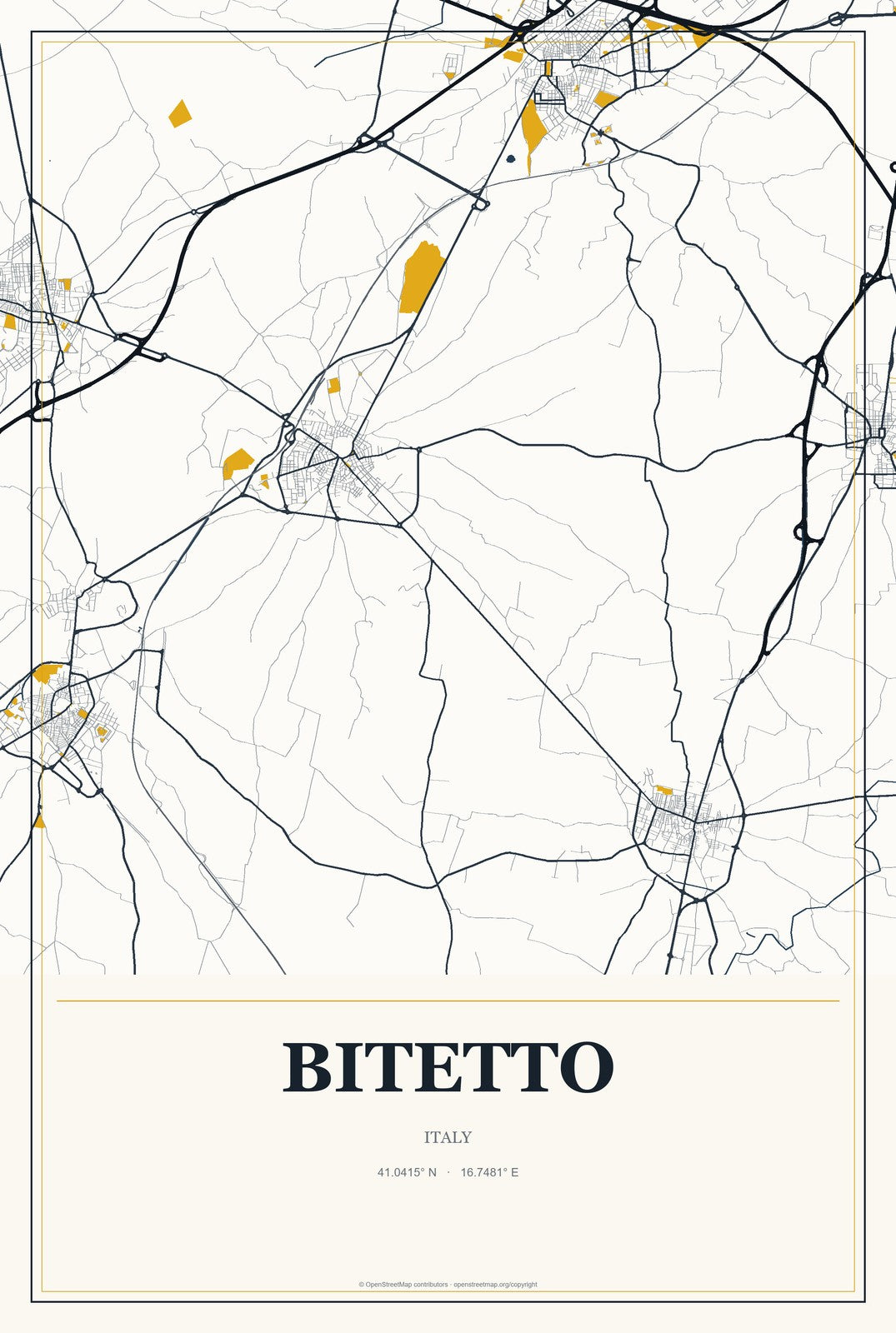 Bitetto, Italy City Map Aluminum Sign in Citrine Modern style