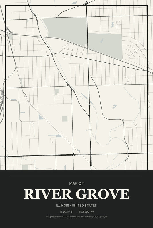 River Grove, Illinois City Map Aluminum Sign in Museum Plaque style