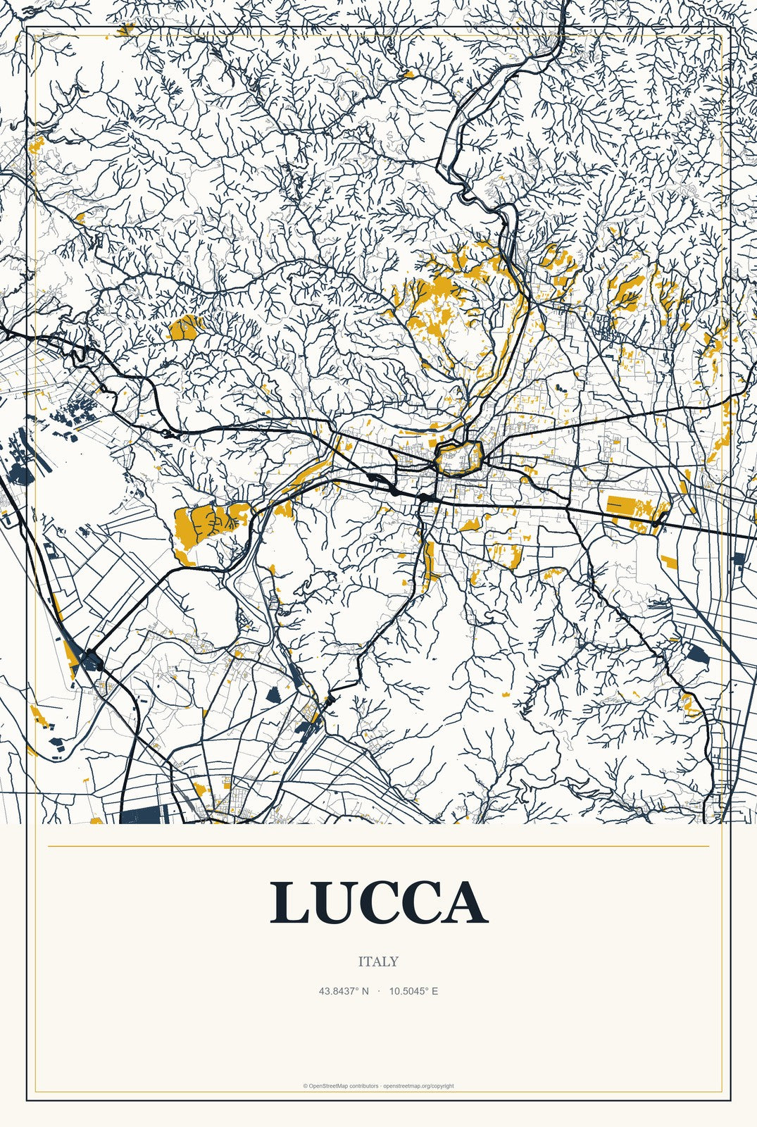 Lucca, Italy City Map Aluminum Sign in Citrine Modern style