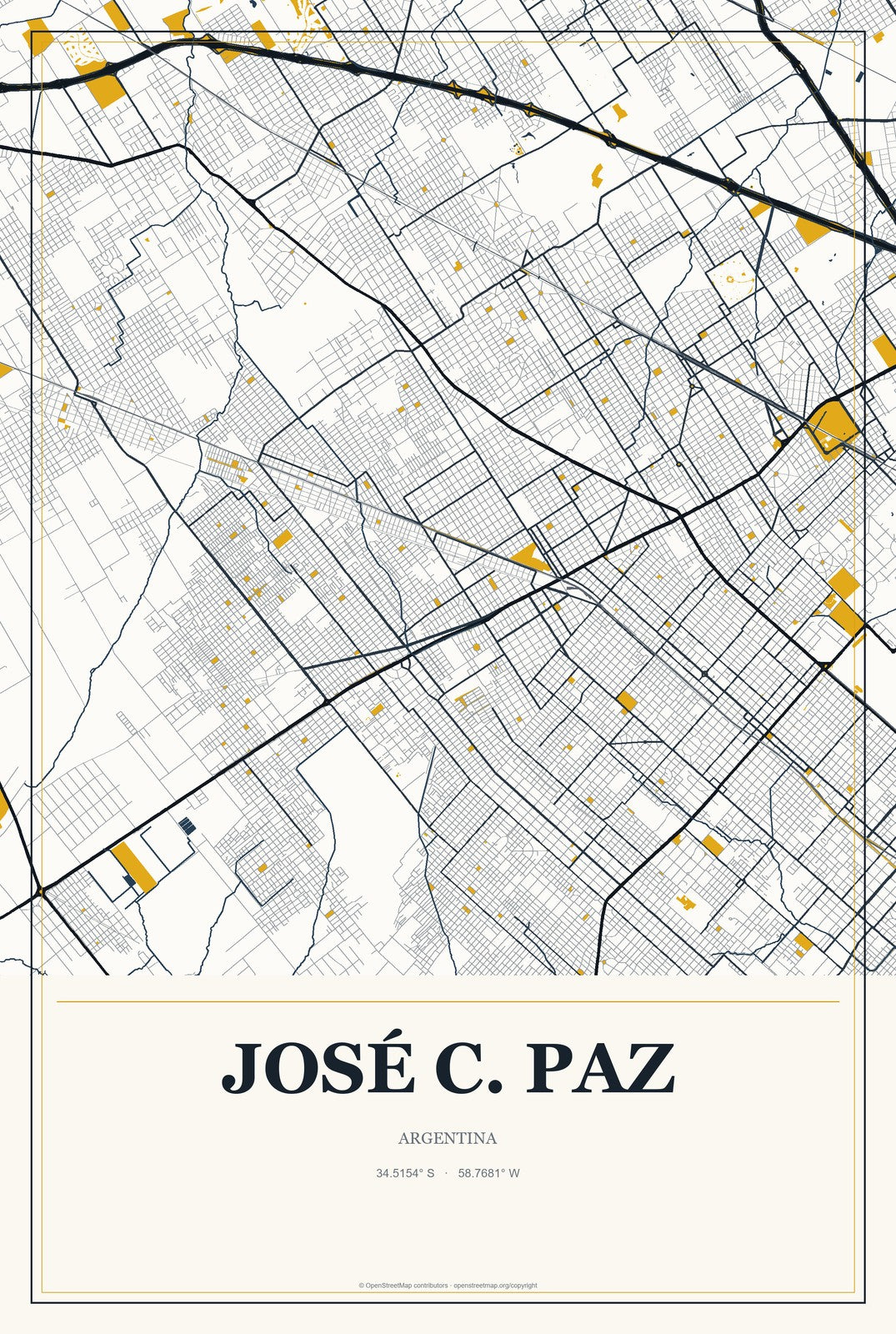 José C. Paz, Argentina City Map Aluminum Sign in Citrine Modern style