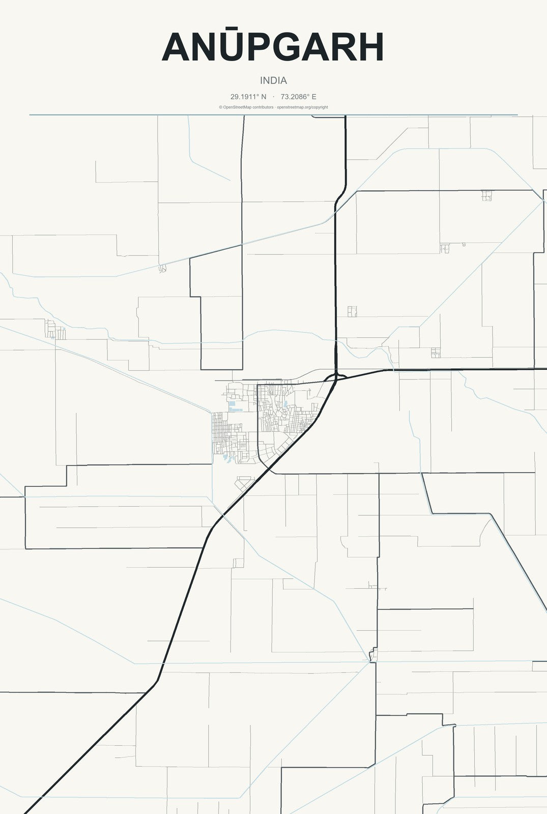 Anūpgarh, India City Map Aluminum Sign in Headline Atlas style