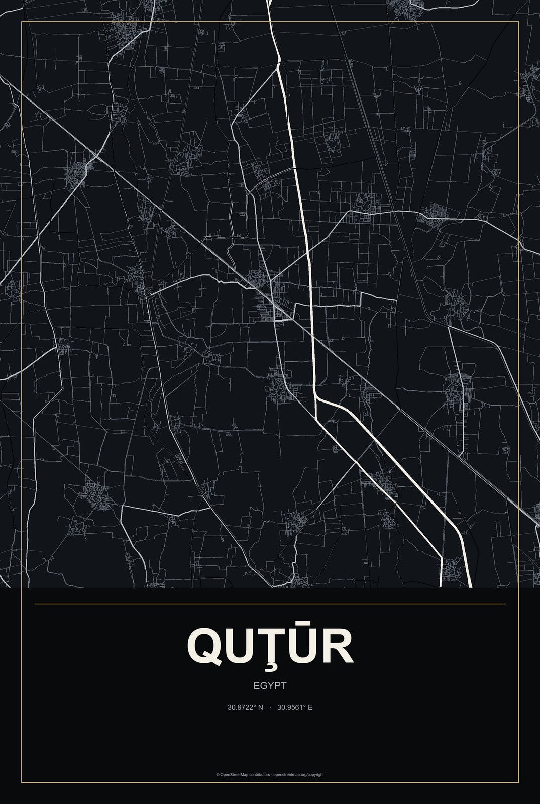 Quţūr, Egypt City Map Aluminum Sign in Metropolitan Noir style