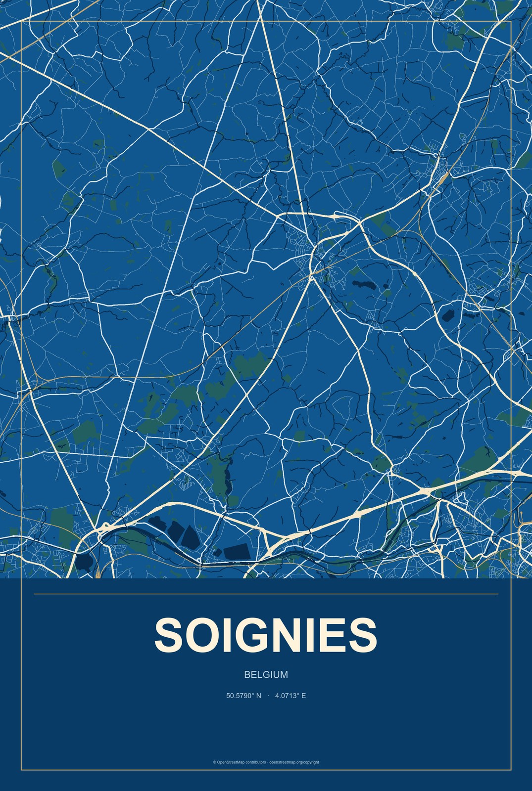 Soignies, Belgium City Map Aluminum Sign in Harbor Cobalt style