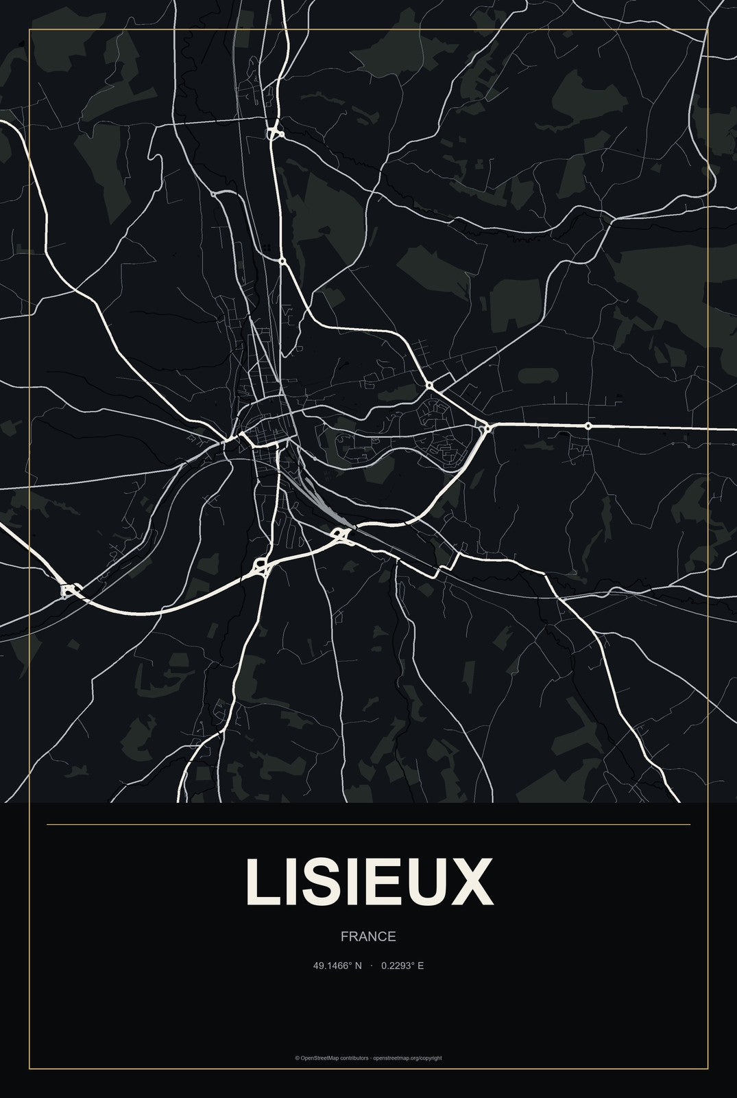Lisieux, France City Map Aluminum Sign in Metropolitan Noir style