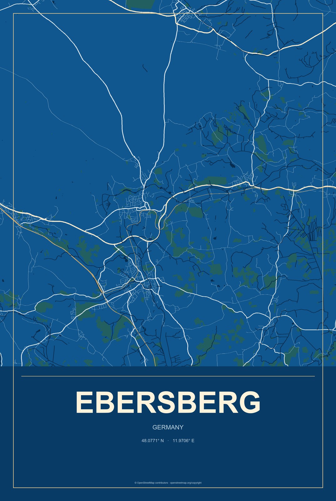 Ebersberg, Germany City Map Aluminum Sign in Harbor Cobalt style