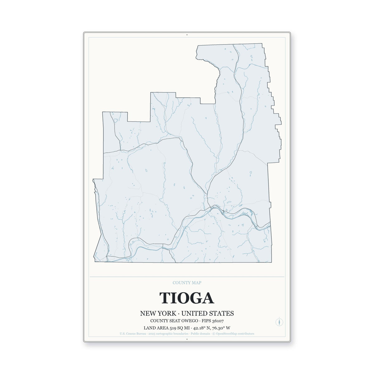 Tioga County, New York Map Aluminum Sign in Gallery Air style