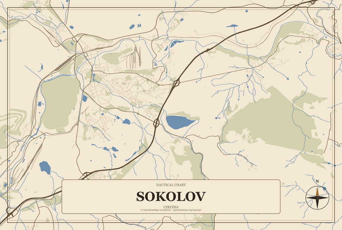Sokolov, Czechia City Map Aluminum Sign in Heritage Nautical style