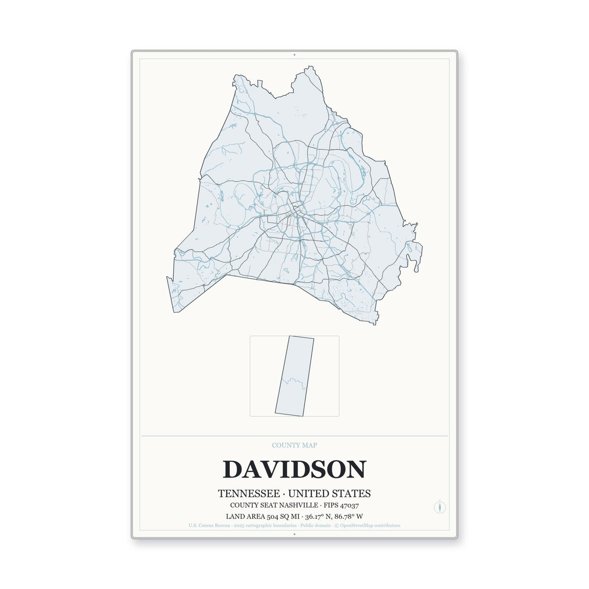 Davidson County, Tennessee Map Aluminum Sign in Gallery Air style