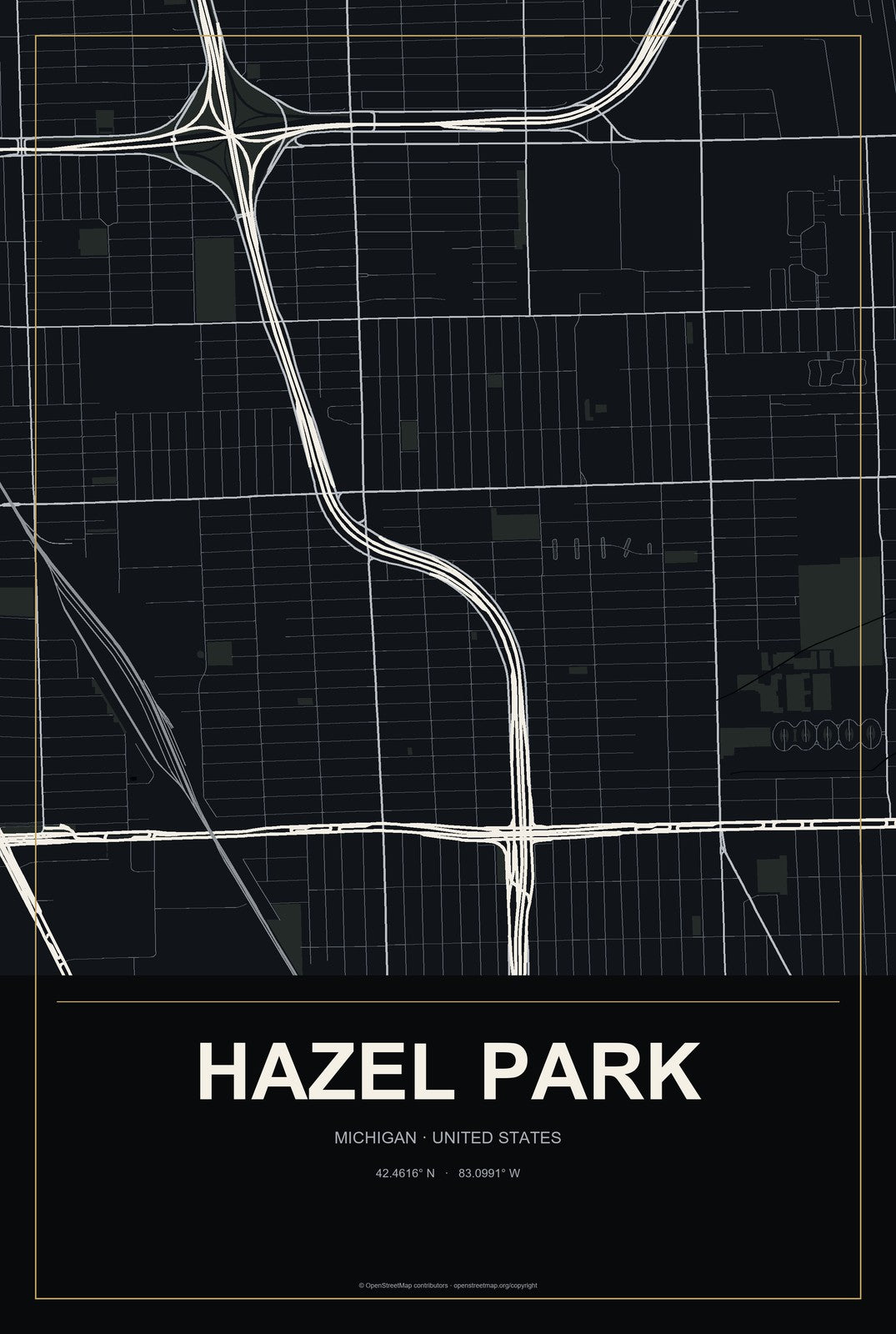 Hazel Park, Michigan City Map Aluminum Sign in Metropolitan Noir style